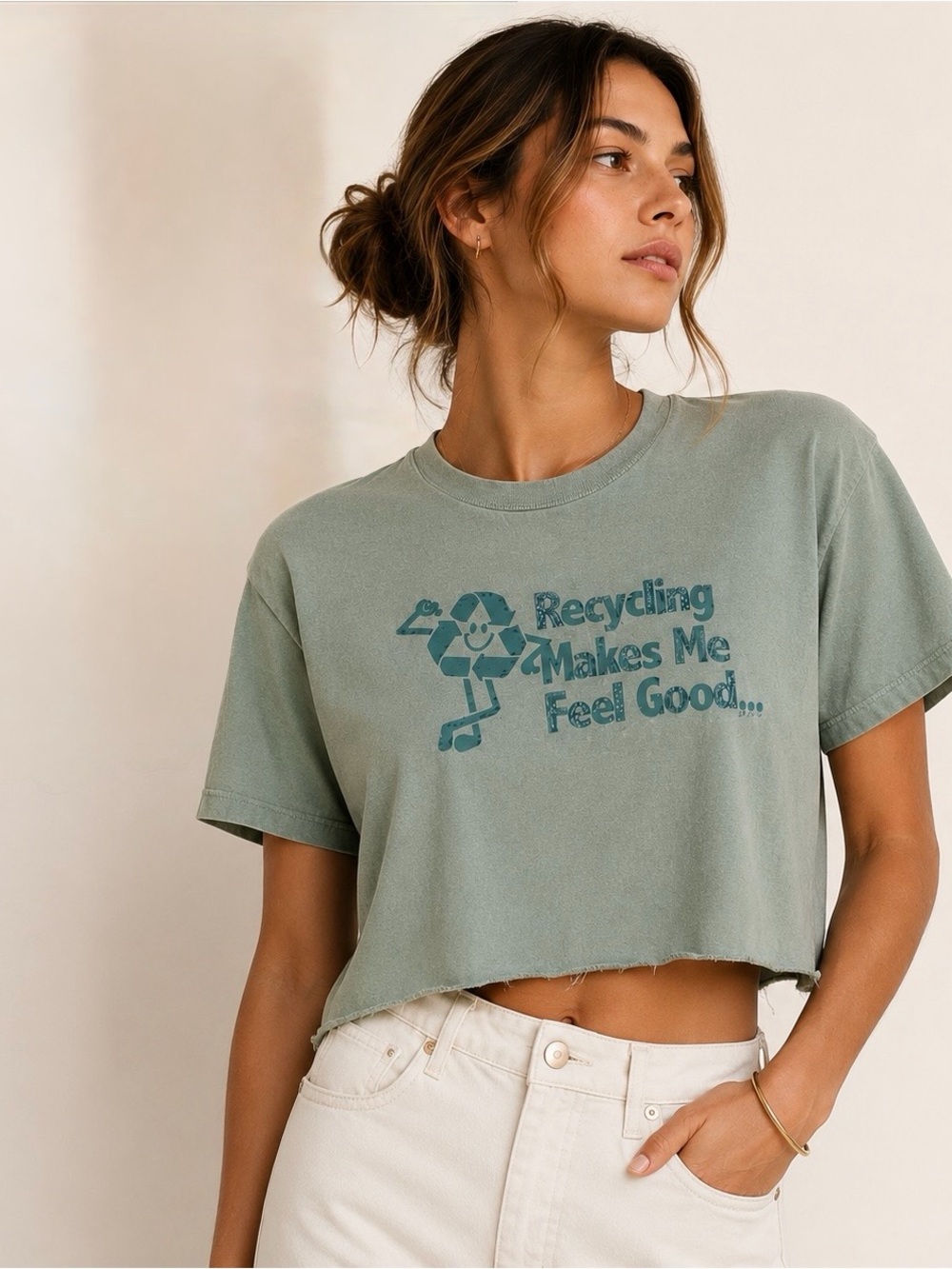 Coach Coachtopia Recycled Cotton Cropped Graphic Tee Raw Hem Sage Green Small